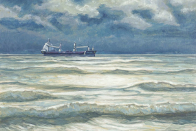 Freighter, acrylic on birch panel, 11 x 14 in, 28 x 30 cm, framed, $650